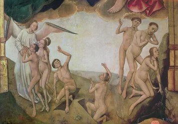 Een engel verwelkomt de gezegenden in de hemel terwijl rechts de verdoemden door duivels naar de hel worden gesleept, detail van het Laatste Oordeel en de Opstanding van de Doden uit de Verlossingstrip